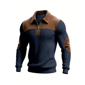 Notched-collar Patchwork Knit Top With Embroidered Zipper Hoodie (Option: Navy Blue-L)