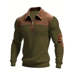 Notched-collar Patchwork Knit Top With Embroidered Zipper Hoodie (Option: Army Green-L)