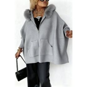 Ins Plush Hooded Cardigan Fashion Warm Pockets Zip-up Knitted Jacket Casual Outerwear Batwing Sleeve Sweater Women's Clothing (Option: Gray-XXXL)