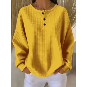 Ins Waffle Long-sleeved T-shirt Fashion Solid Color Buttons Round Neck Pullover Top Women's Clothing (Option: Yellow-5XL)