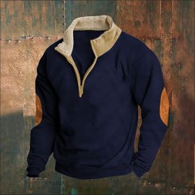 Retro Patchwork Half Cardigan Men's Long-sleeved Sweater (Option: Navy Blue-3XL)