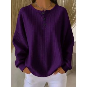 Ins Waffle Long-sleeved T-shirt Fashion Solid Color Buttons Round Neck Pullover Top Women's Clothing (Option: Purple-5XL)