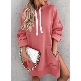 Women's Hooded Sweatshirt With Pockets Fashion Casual Split Mid-length Sweater Drawstring Tops (Option: Pink-3XL)
