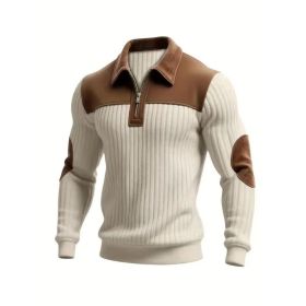 Notched-collar Patchwork Knit Top With Embroidered Zipper Hoodie (Option: Khaki-2XL)